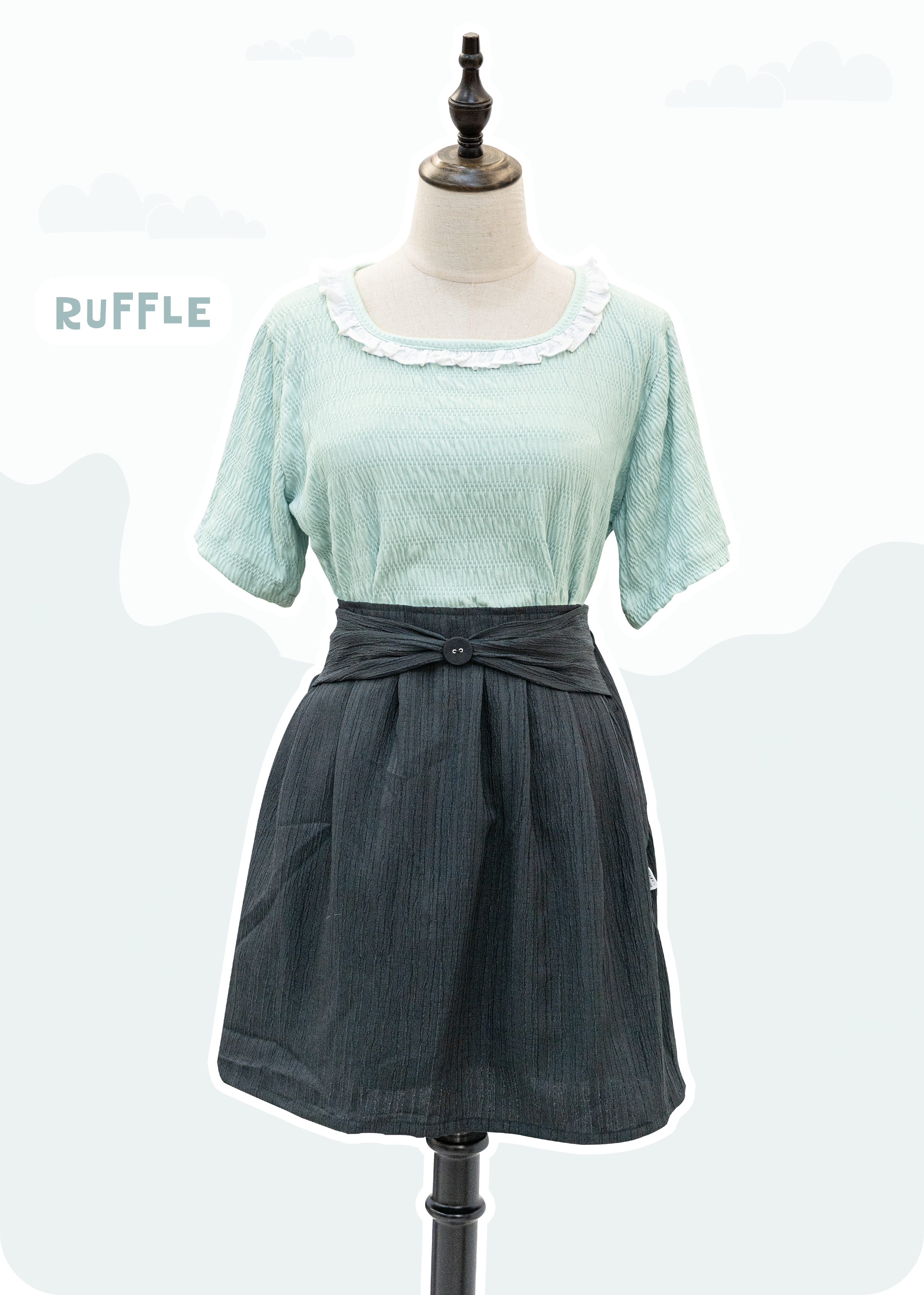 牛仔藍色上衣｜ruffle領＋後腰可拆蝴蝶結 {預訂}