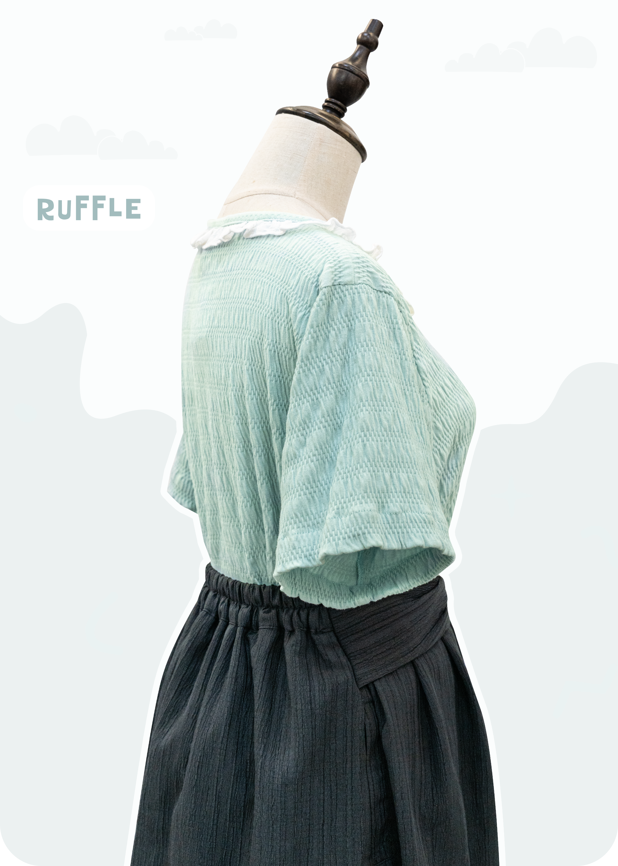 牛仔藍色上衣｜ruffle領＋後腰可拆蝴蝶結 {預訂}