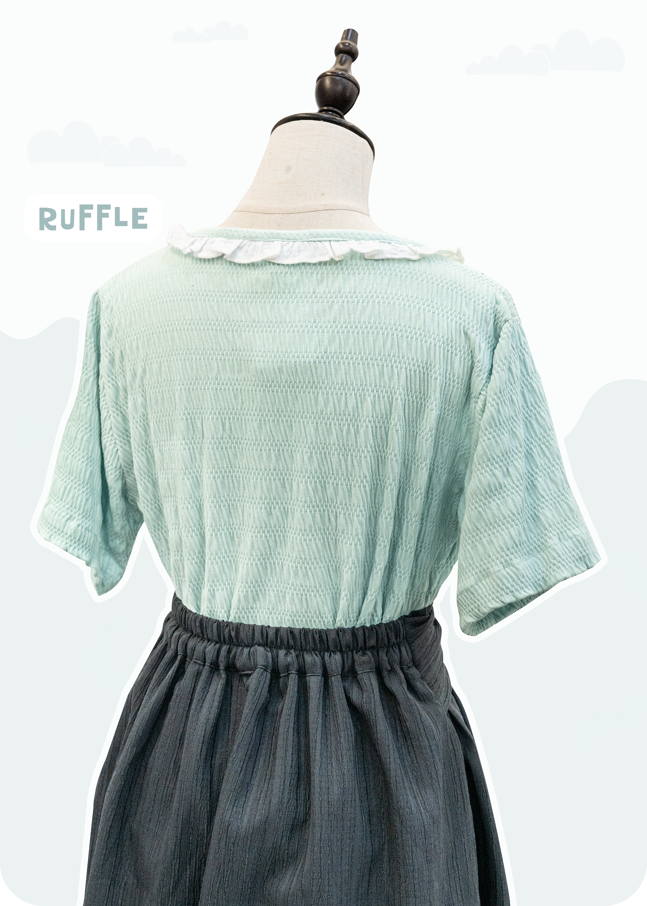 牛仔藍色上衣｜ruffle領＋後腰可拆蝴蝶結 {預訂}