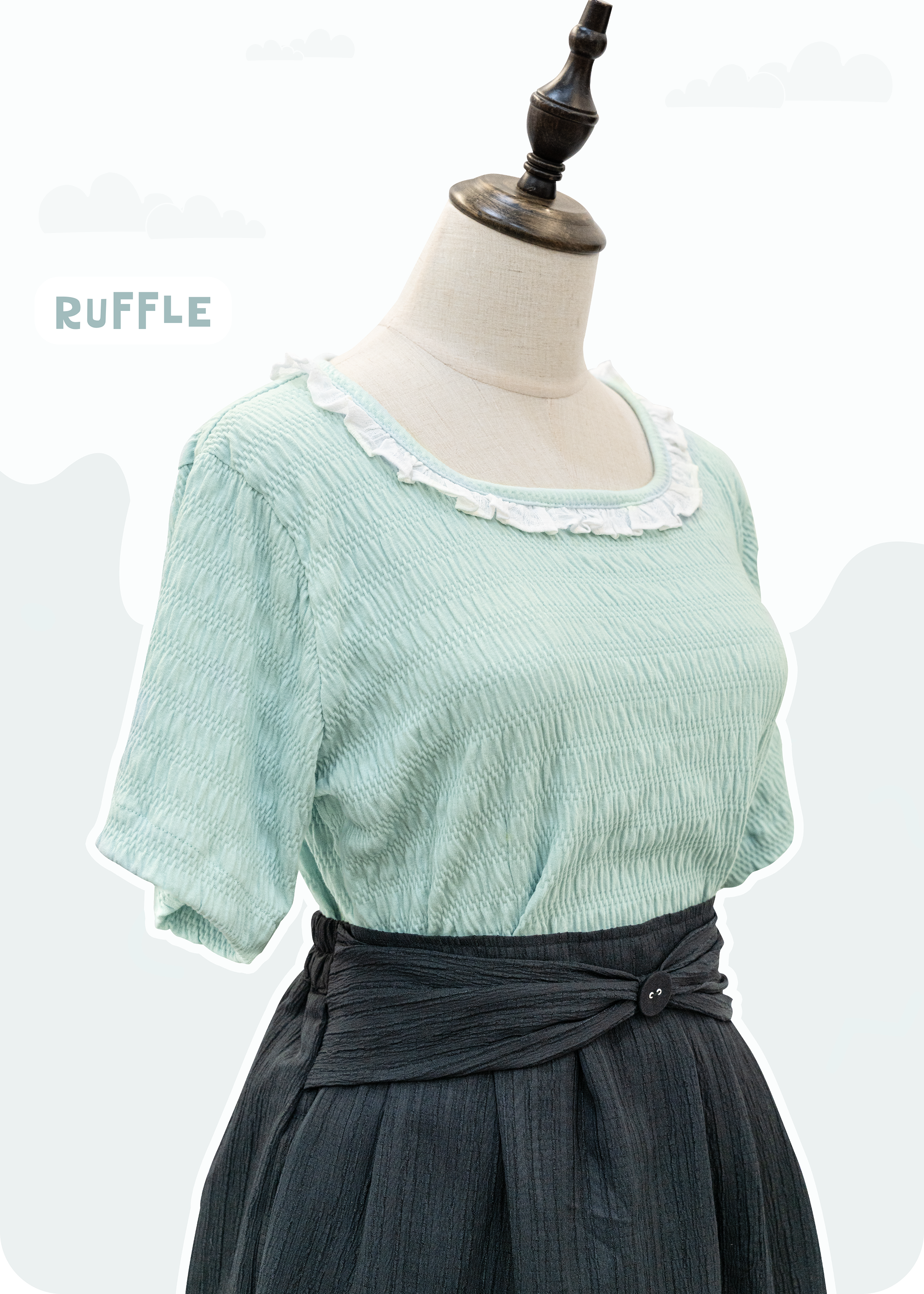 牛仔藍色上衣｜ruffle領＋後腰可拆蝴蝶結 {預訂}