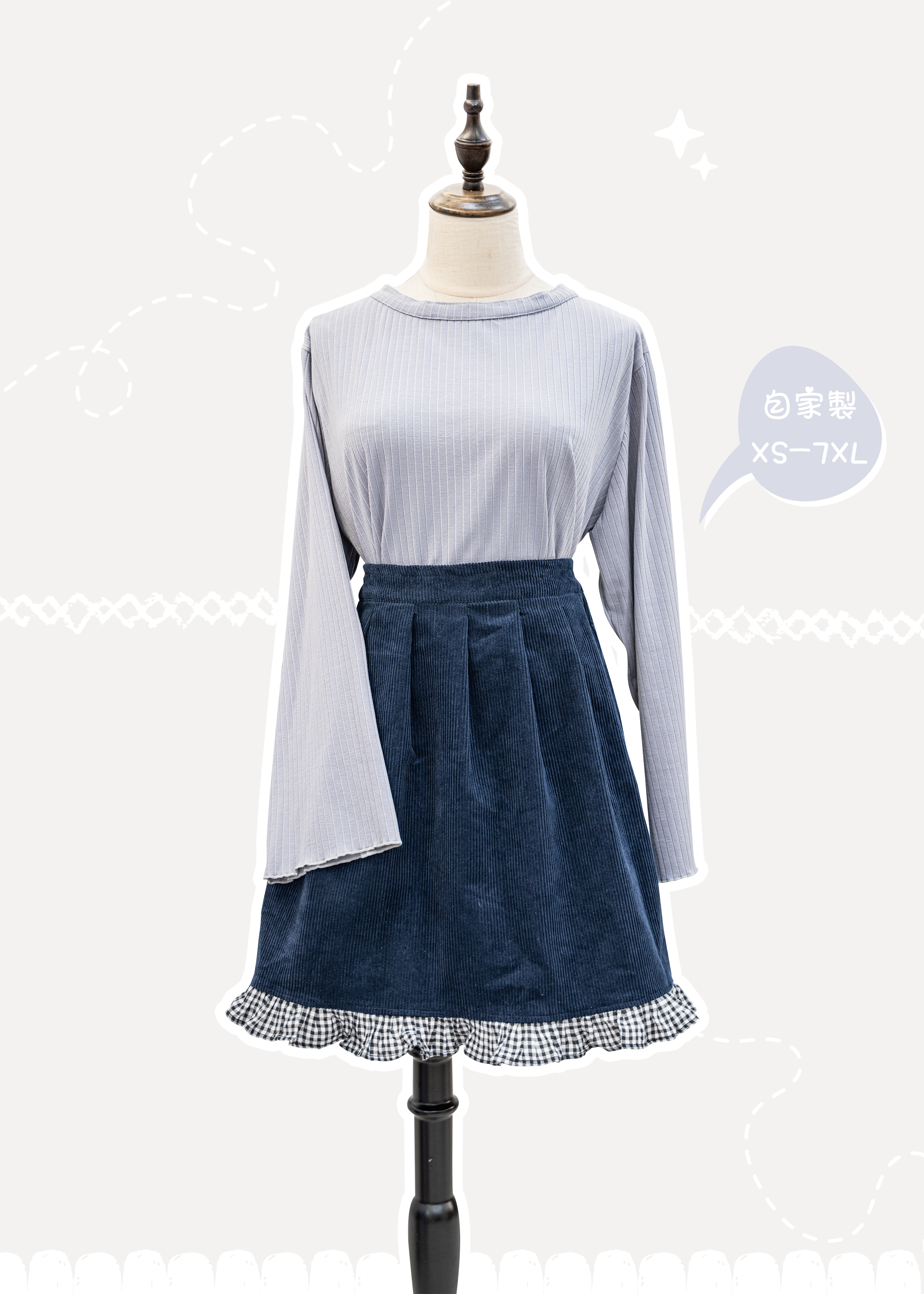 Homemade - 2way Navy Blue and Apricot Check Ruffle Skirt [配可拆除肩帶] - XS to Plus Size Women's Wear {Pre-order}