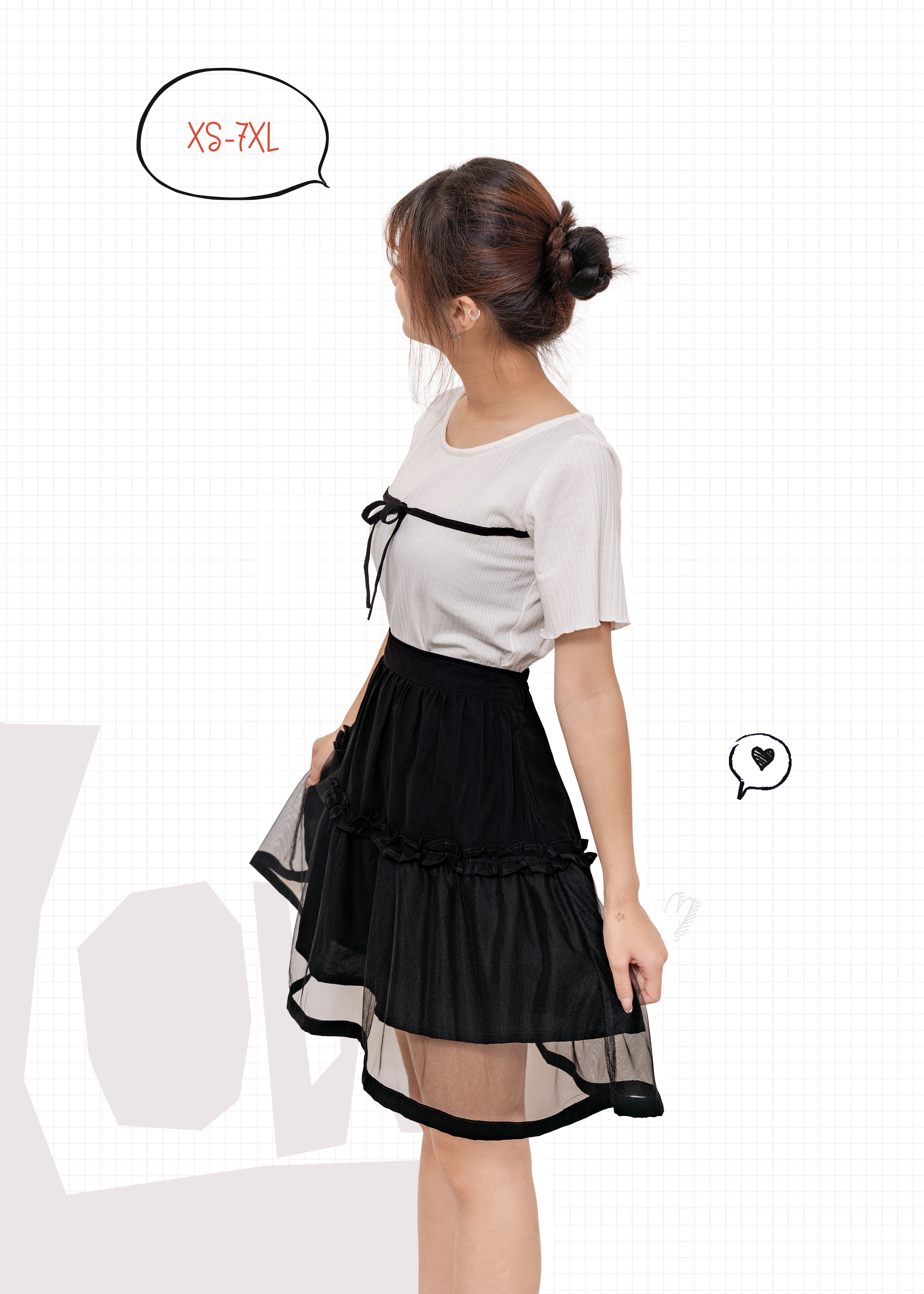 🎉新品- 日系黑色高腰 Ruffle 邊拼紗長裙 {預訂}