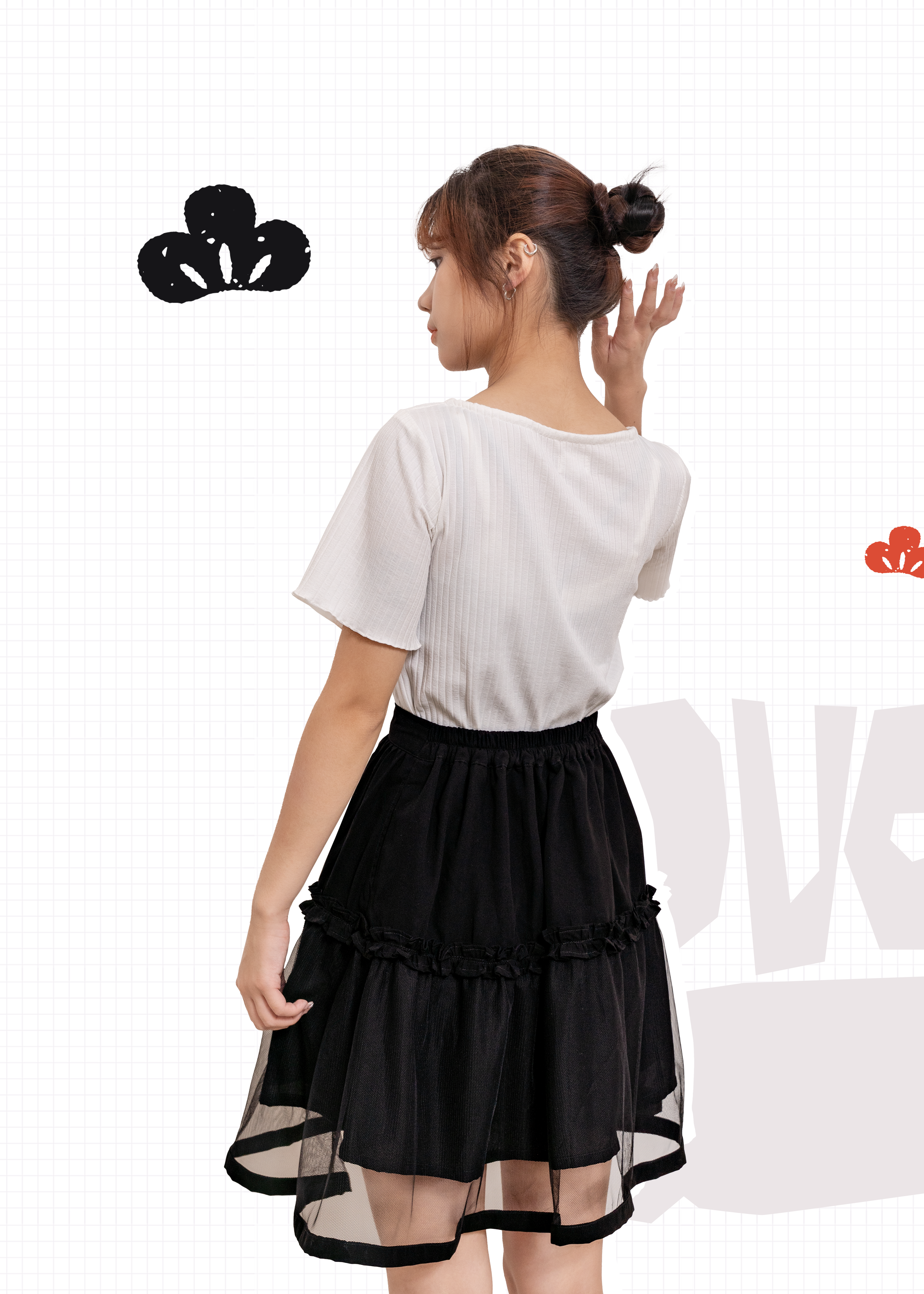🎉新品- 日系黑色高腰 Ruffle 邊拼紗長裙 {預訂}