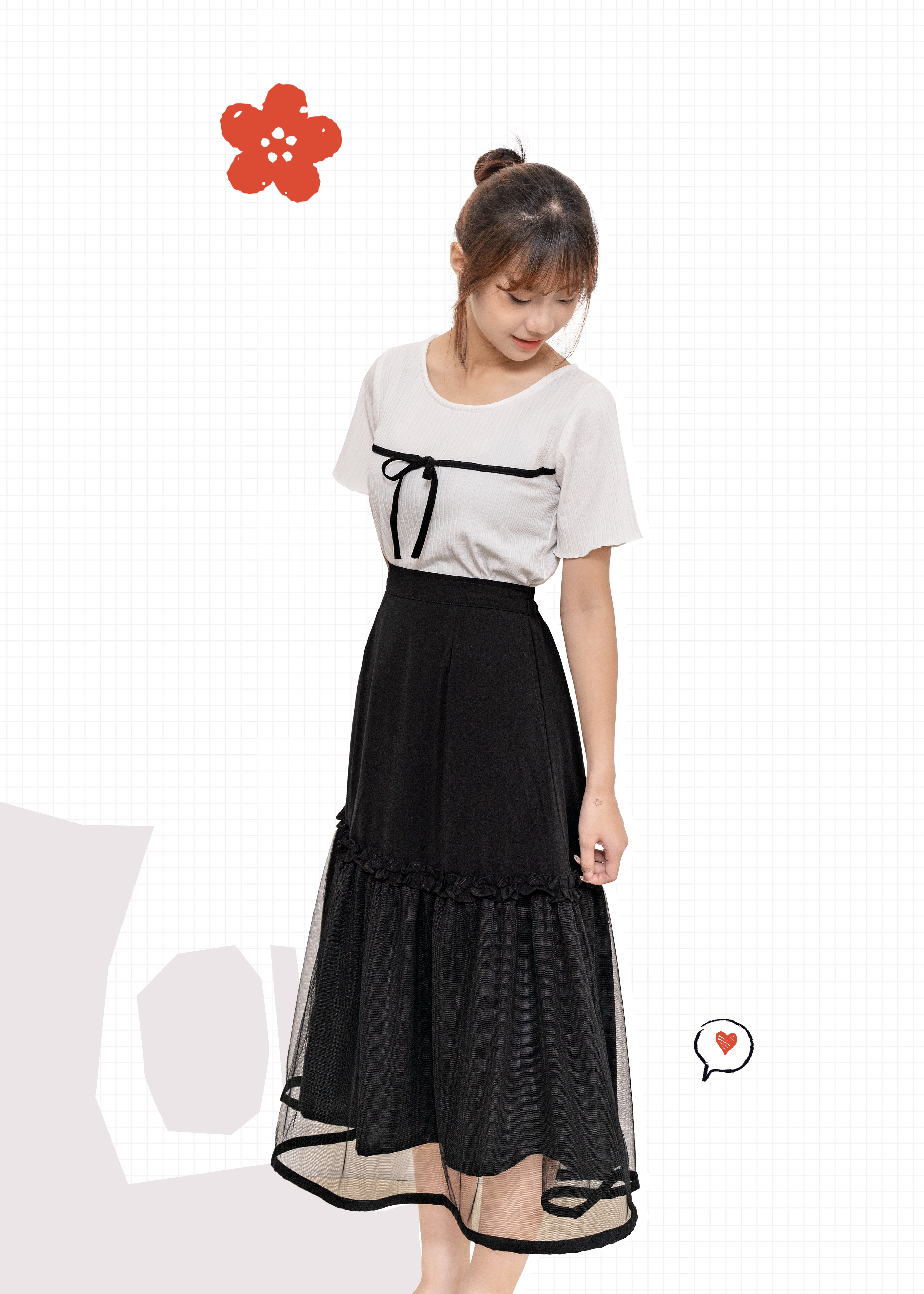 🎉新品- 日系黑色高腰 Ruffle 邊拼紗長裙 {預訂}