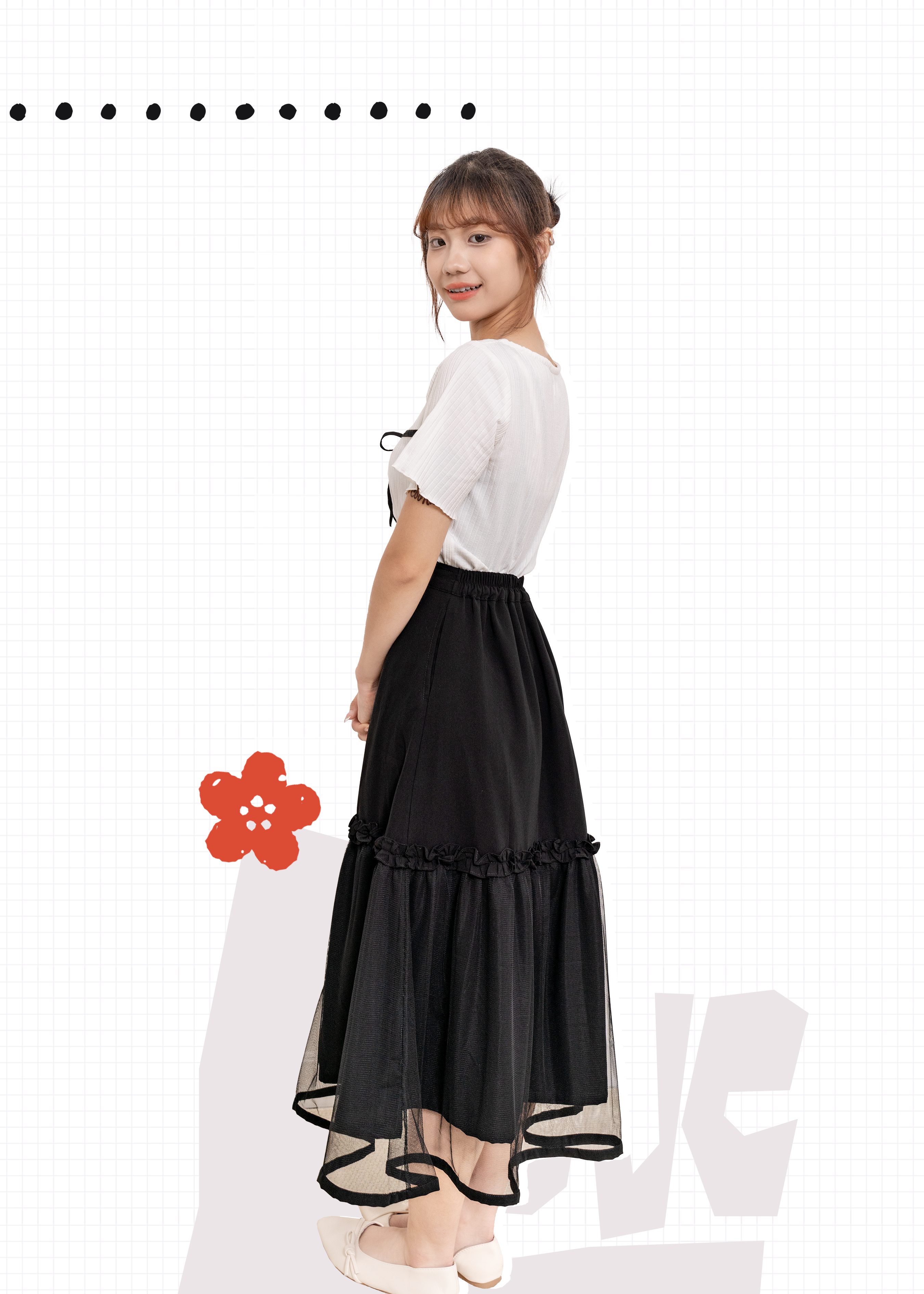 🎉新品- 日系黑色高腰 Ruffle 邊拼紗長裙 {預訂}